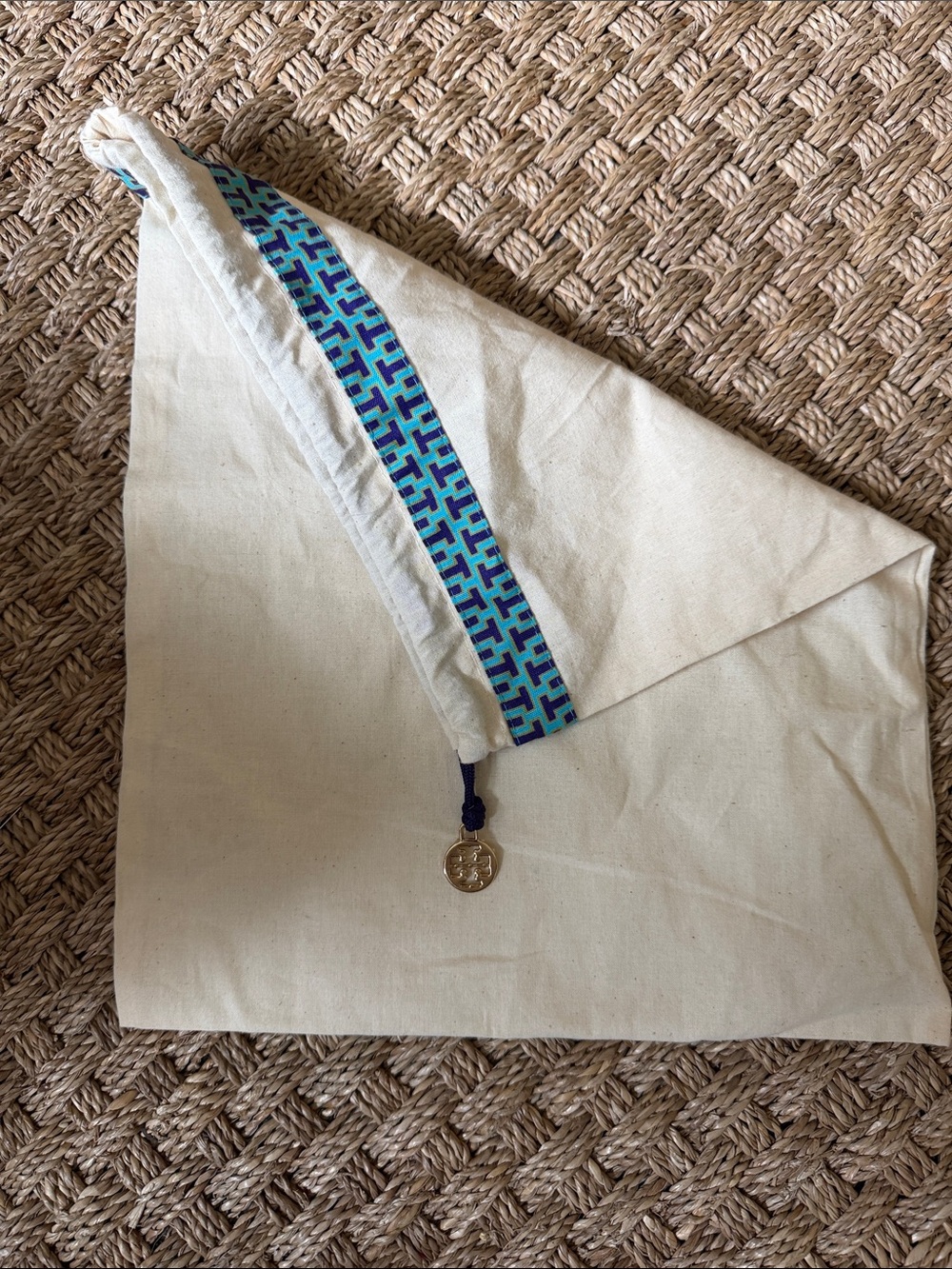 Tory Burch Dust Bag NWOT Canvas Drawstring Pouch with Blue Geometric Trim 12x15